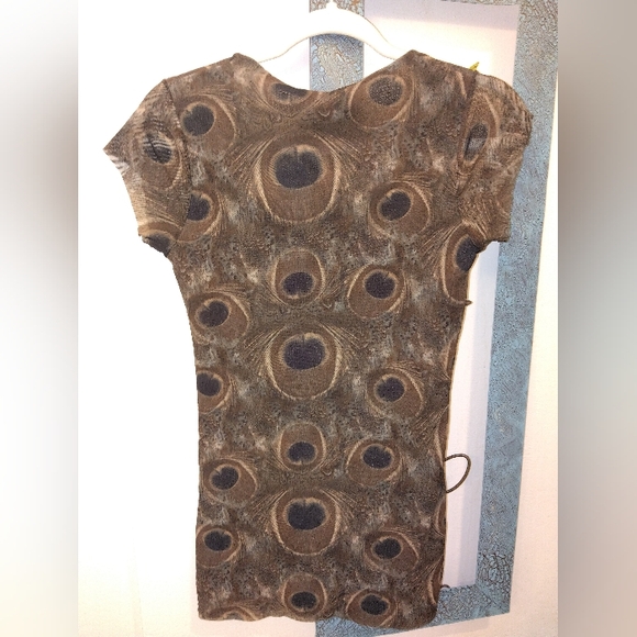 Sweet Pea Stacy Frati Y2K Vtg Nylon Peacock Feather Short Sleeve Top Sz Large - Picture 6 of 6